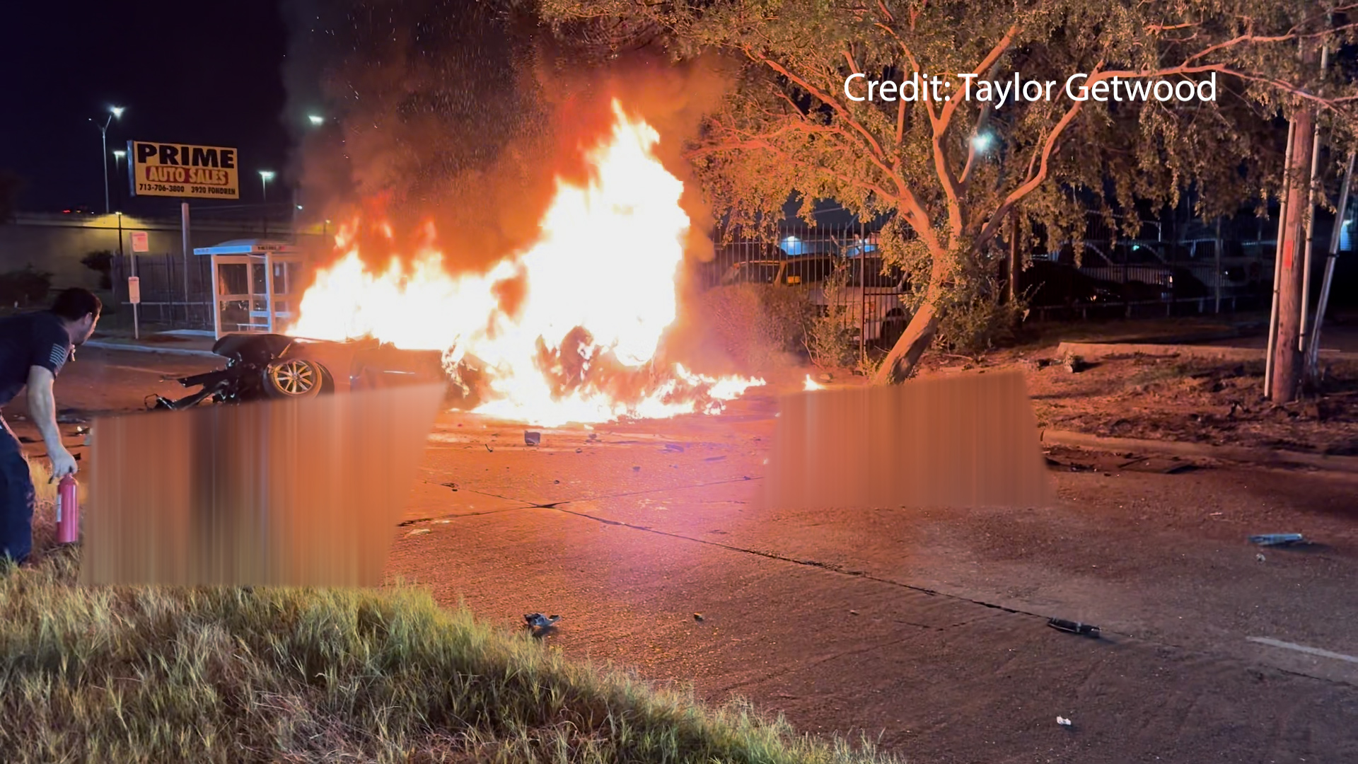 Woman dies after car crashes into tree and catches on fire Houston