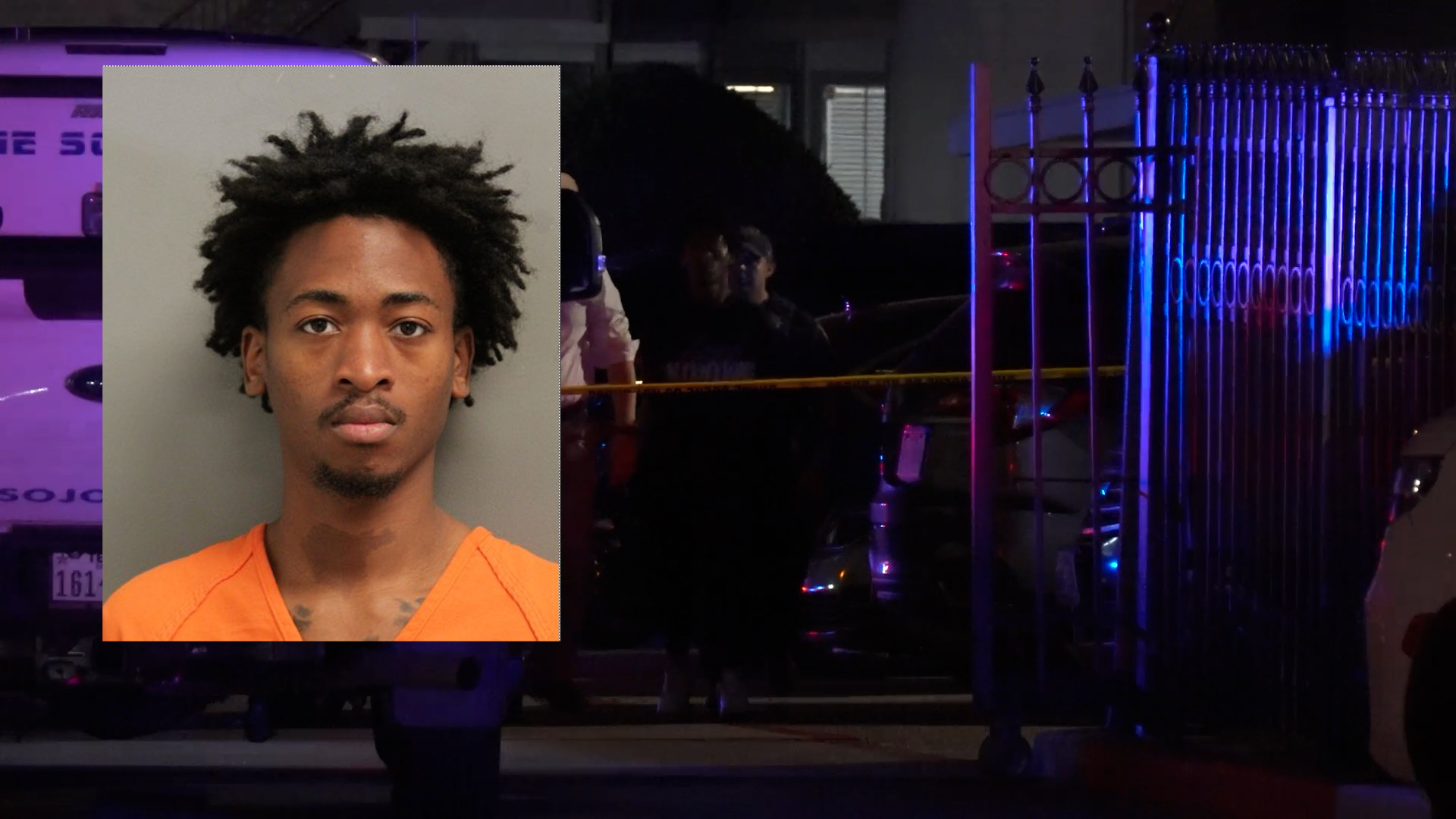 Mugshot of a young man in an orange jumpsuit, with a nighttime crime-scene backdrop of police tape and officers in the background.