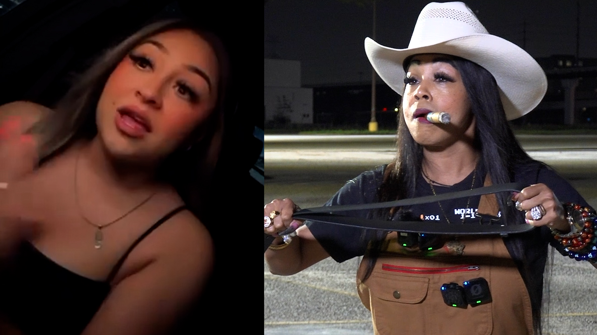 Two women depicted: left a close-up of a young woman in a car at night, right a person with a white cowboy hat smoking a cigar by a roadway.
