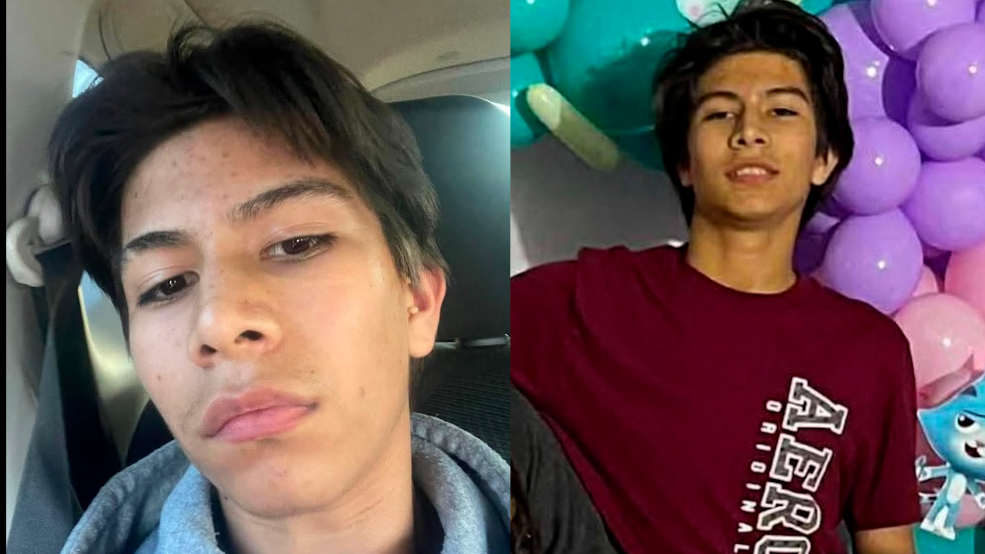 Two-panel image of a young man: left a close-up selfie in a car; right at a balloon backdrop wearing a maroon shirt.