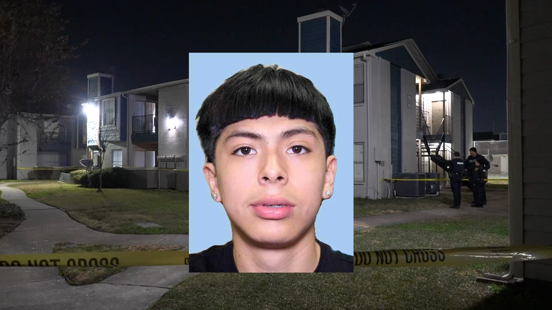 Nighttime apartment courtyard with police tape and officers; a large portrait of a young man centered in front.