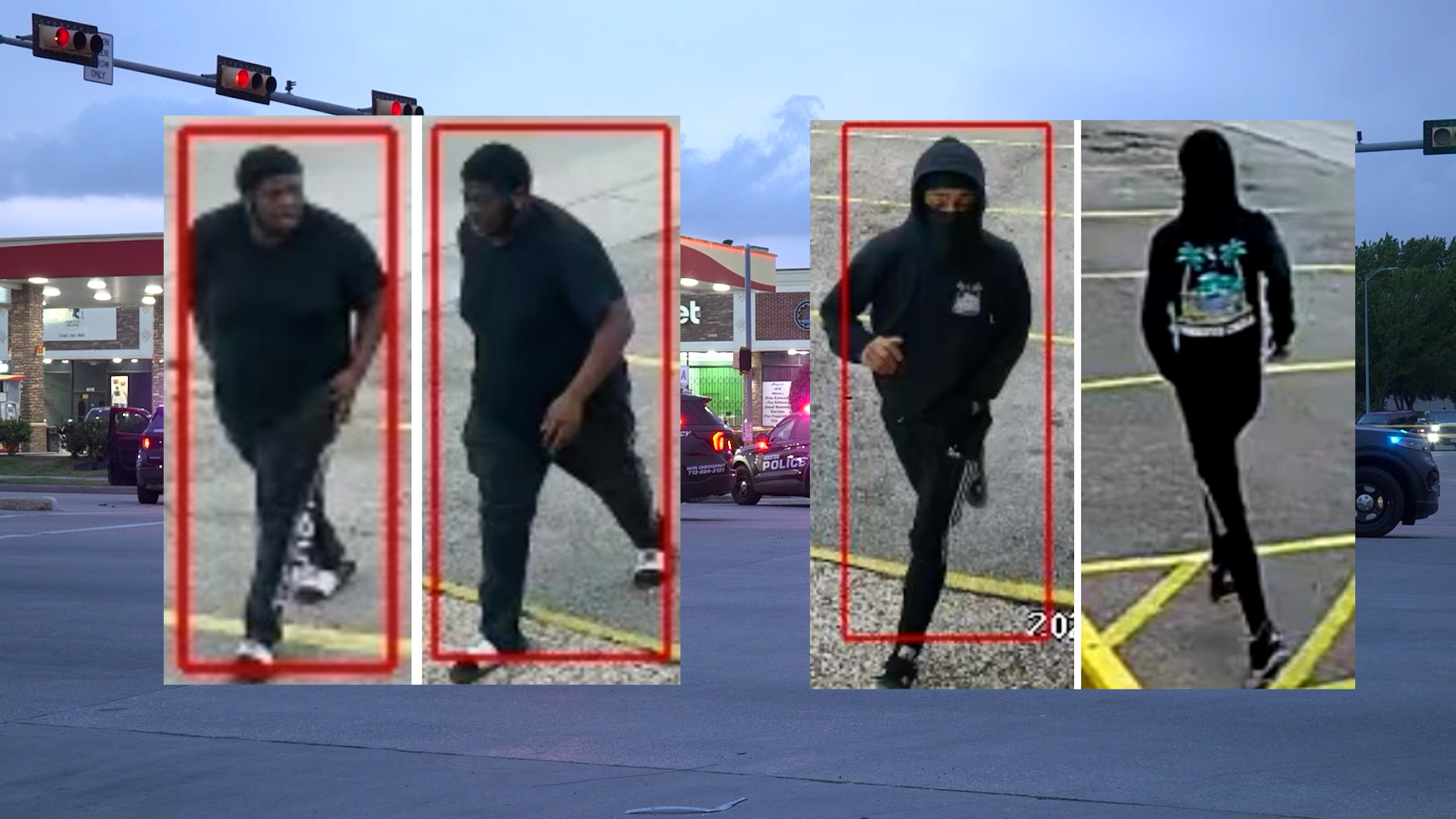 Collage of four surveillance photos: people in dark clothing outlined by red boxes, walking in a parking lot near a storefront with police cars in the background.