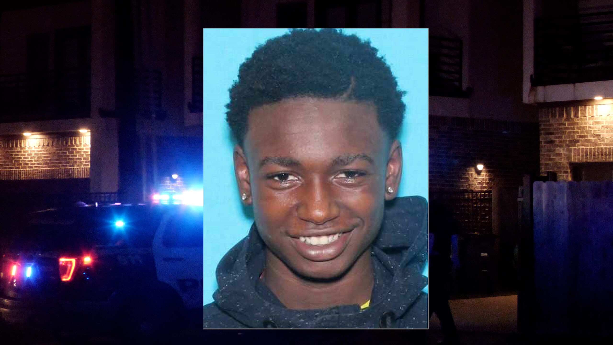 Portrait of a smiling young man on a blue background, overlaid on a nighttime scene with flashing police lights in the background.