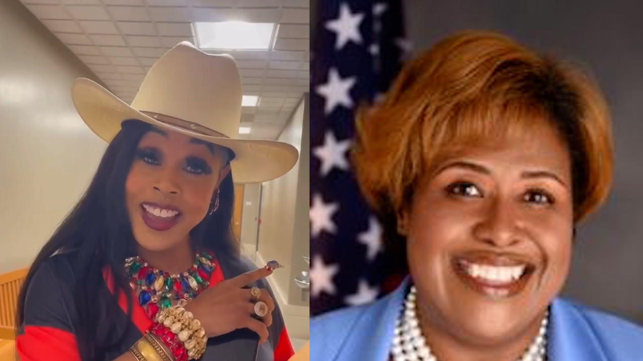 Two women side by side: left wearing a cream cowboy hat, bold jewelry, and a colorful outfit in a hallway; right is a smiling headshot of a woman with short light-brown hair and a blue blazer, with an American flag background in blur.