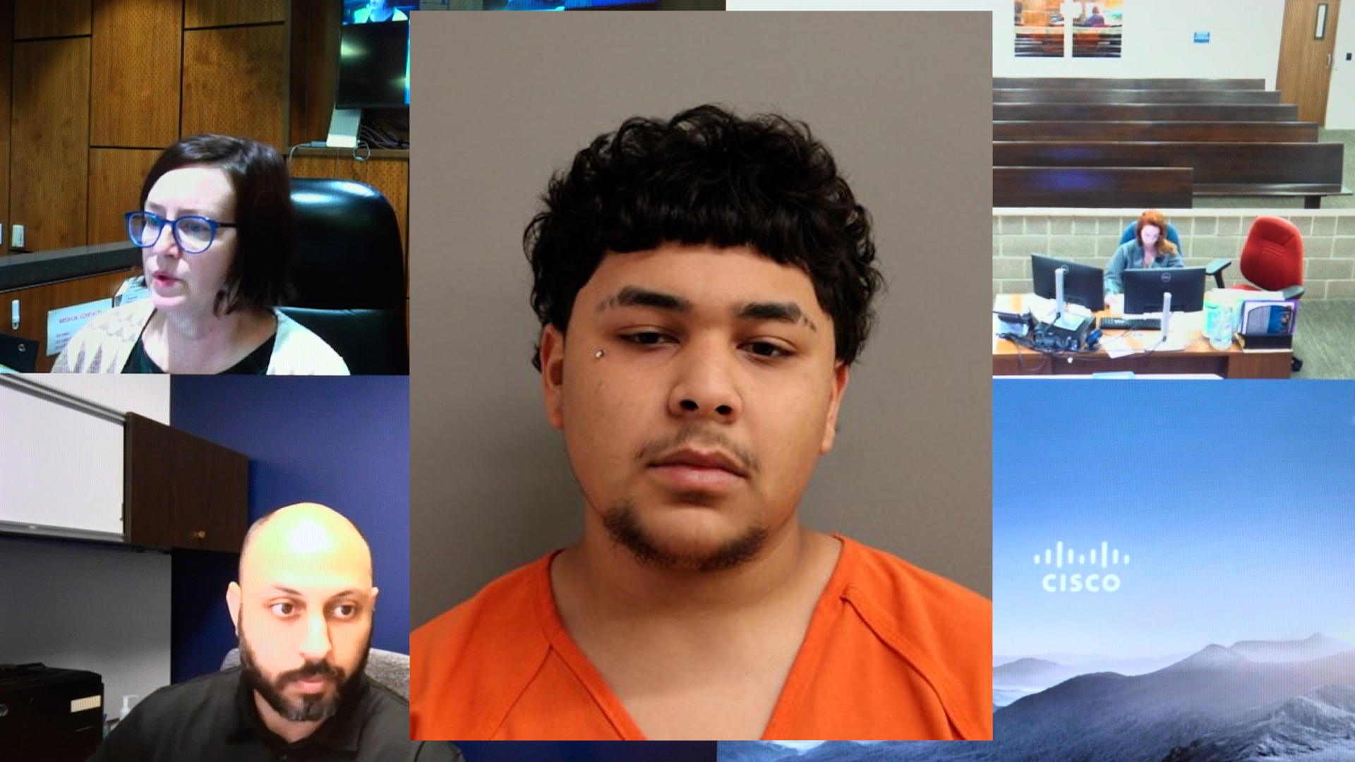 Video conference collage with a central mugshot of a man in an orange jail jumpsuit; surrounding frames show people at desks and computer screens in offices.