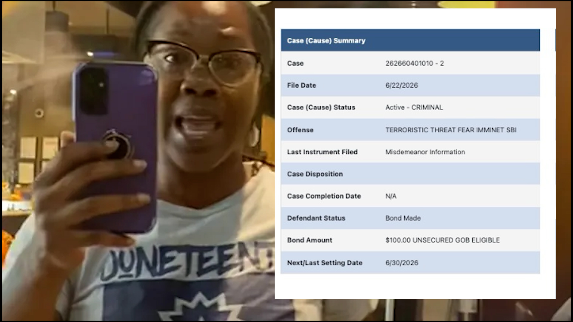 Woman taking a selfie with a purple phone; on the right is a blue-and-white case summary chart screenshot.