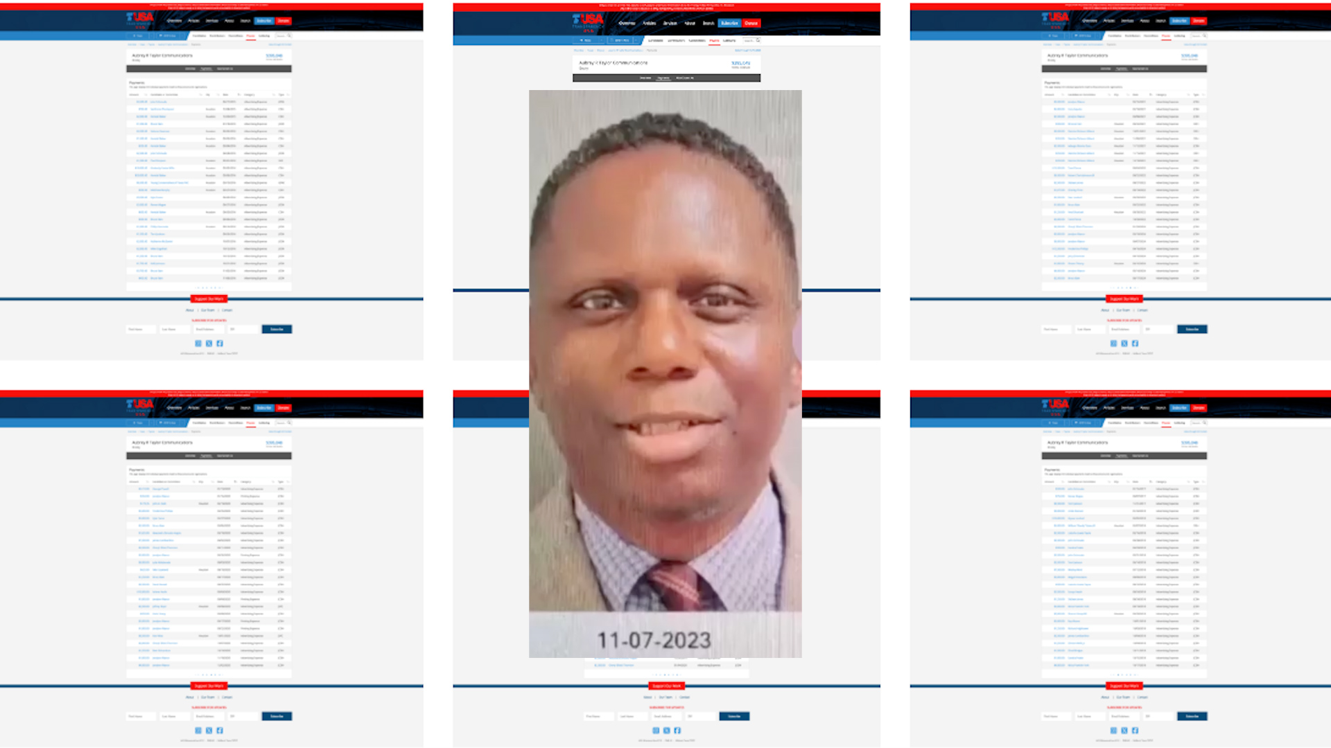Collage: central portrait of a man over a blurred webpage with red and blue header bars, arranged on a light gray grid background.