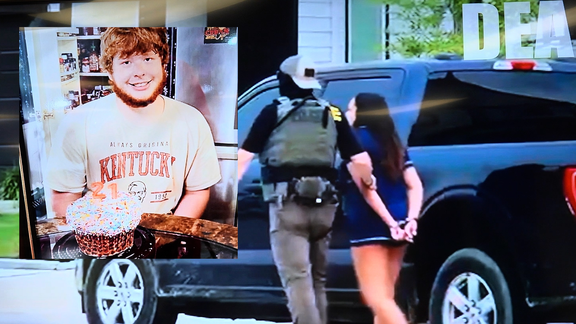 Left: a smiling man in a Kentucky shirt seated with a colorful cupcake; right: a woman is handcuffed and escorted by a uniformed officer beside a blue SUV.