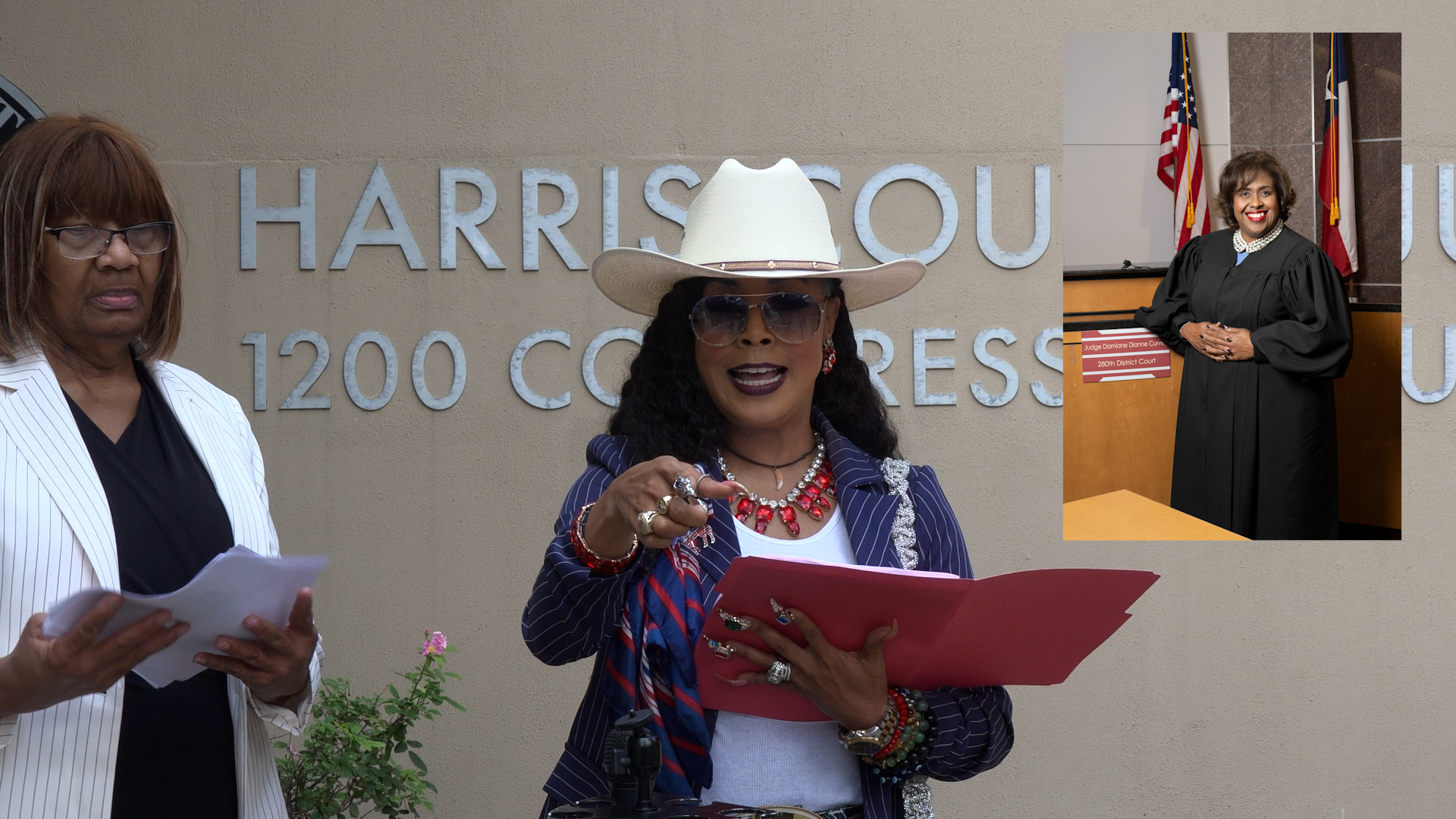 Three women stand outside a courthouse; central woman in a white hat and sunglasses holds a pink folder while others hold papers, with a judge in robes shown in an inset on the right.