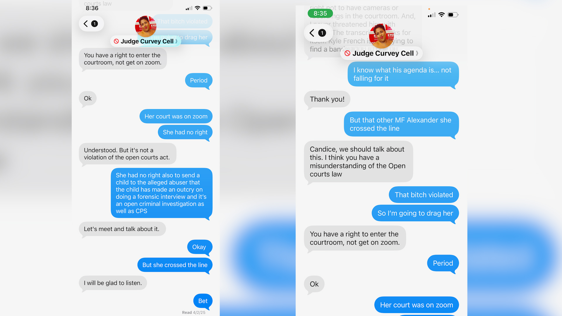 Screenshot of two smartphone chats with blue and gray bubbles discussing a court case and Zoom appearances; avatars visible at top of each chat.