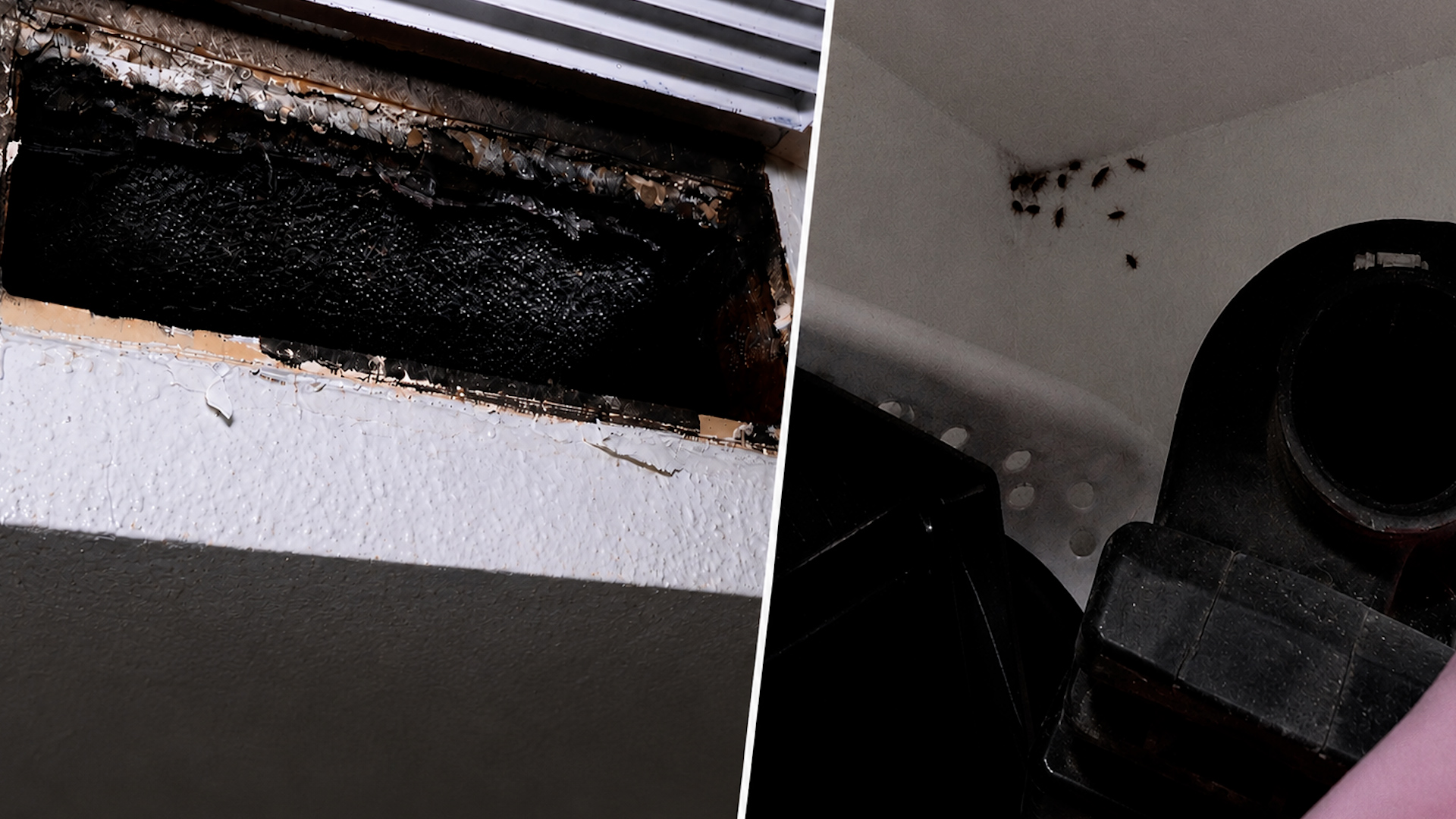 Split-canvas image: left side shows a damaged, blackened opening with peeling paint; right side shows a dark car interior with a white wall and scattered dark spots.