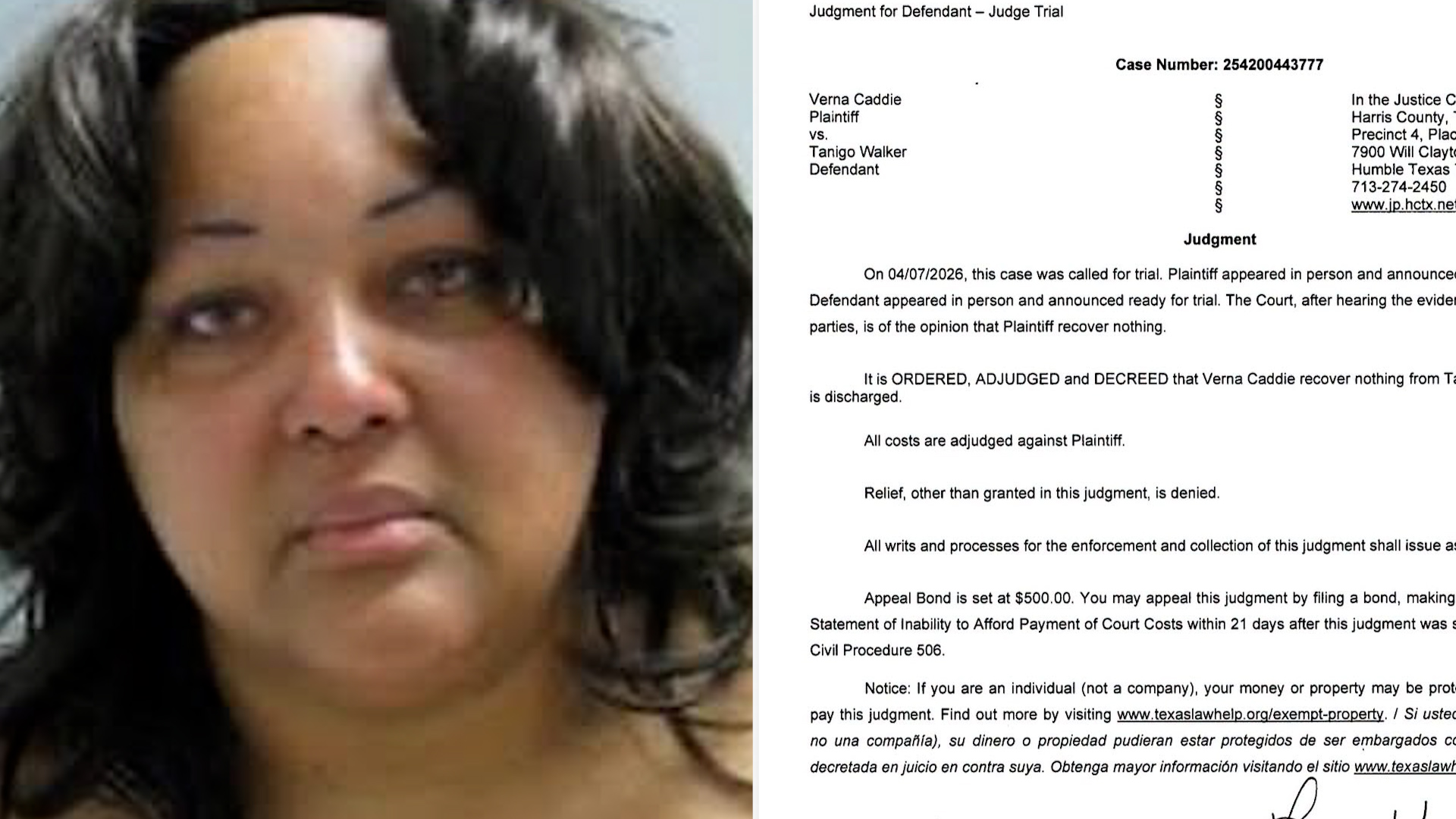 Left: close-up portrait of a woman, right: scanned legal document page with case details and judge trial text.