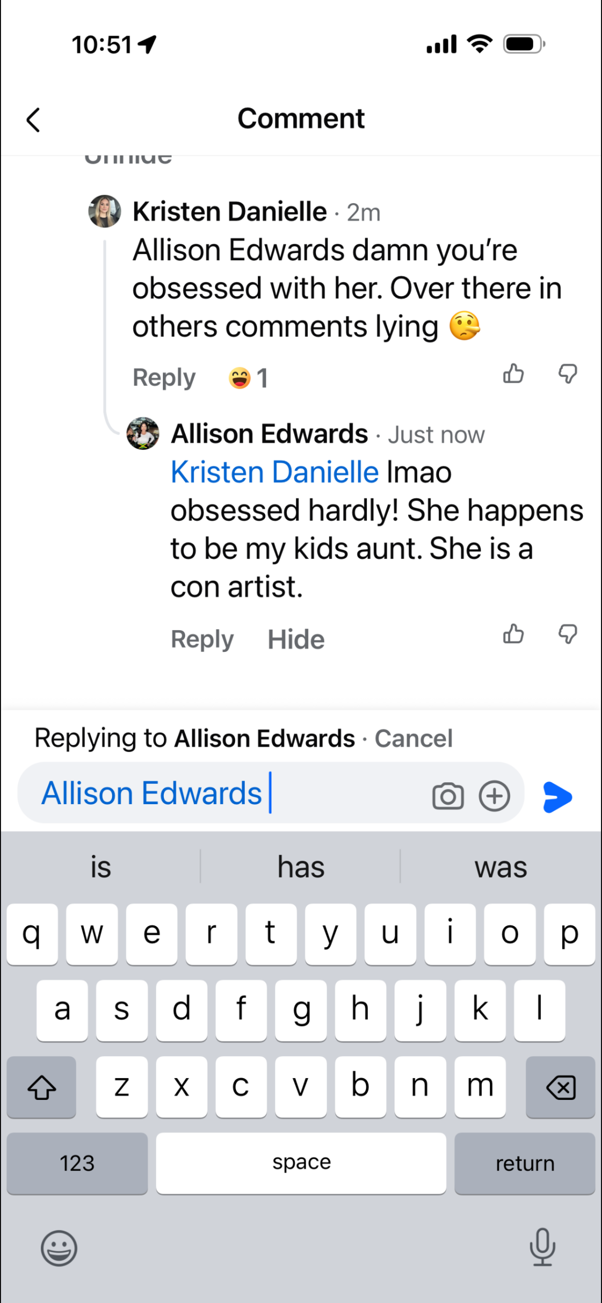 Screenshot of a mobile comment thread: Kristen Danielle says Allison Edwards is obsessed; Allison replies with a playful response.