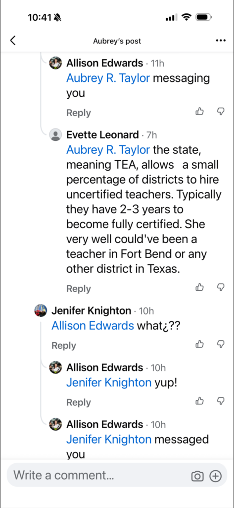 Mobile screenshot of a comment thread on Aubrey's post, showing Allison Edwards and replies mentioning Aubrey R. Taylor by Evette Leonard and Jenifer Knighton.