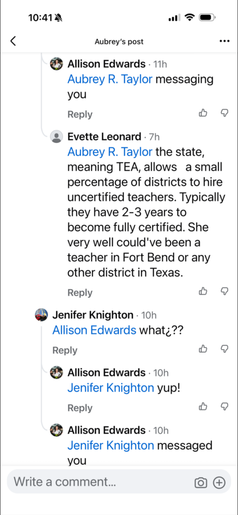 Mobile screenshot of a comment thread on Aubrey's post, showing Allison Edwards and replies mentioning Aubrey R. Taylor by Evette Leonard and Jenifer Knighton.