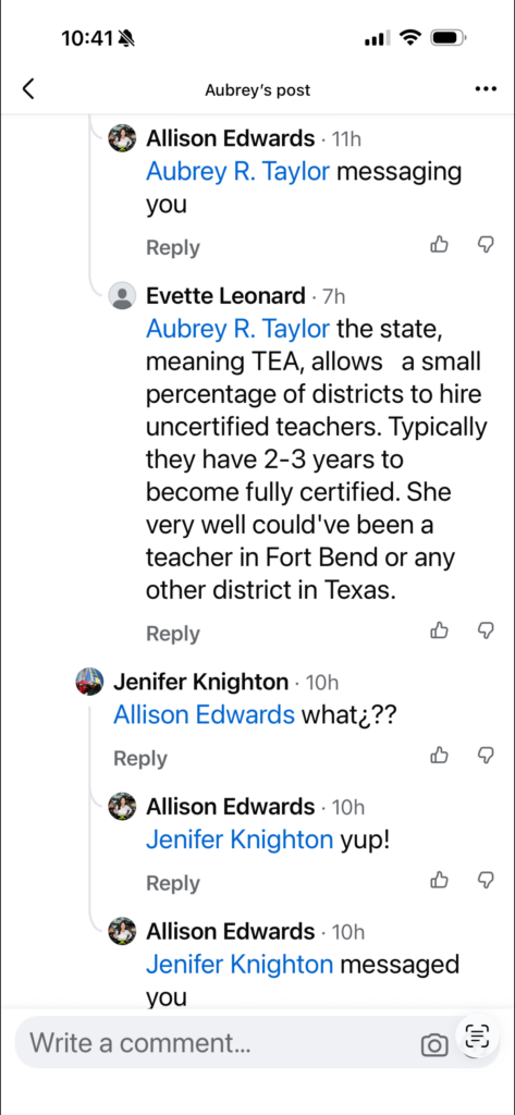 Screenshot of a mobile comment thread showing Aubrey R. Taylor messaging you and replies from Evette Leonard and Jenifer Knighton about TEA and teaching positions.