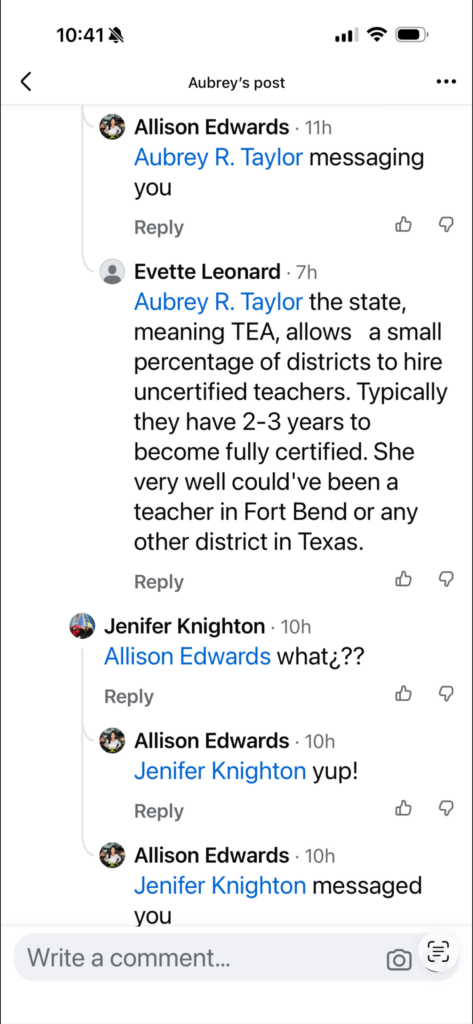 Screenshot of a mobile comment thread showing Aubrey R. Taylor messaging you and replies from Evette Leonard and Jenifer Knighton about TEA and teaching positions.