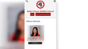 Belle Chasse Middle School homepage header with logo and red buttons, featuring Allison Edwards profile card (6th Math Teacher) and Subscribe button.