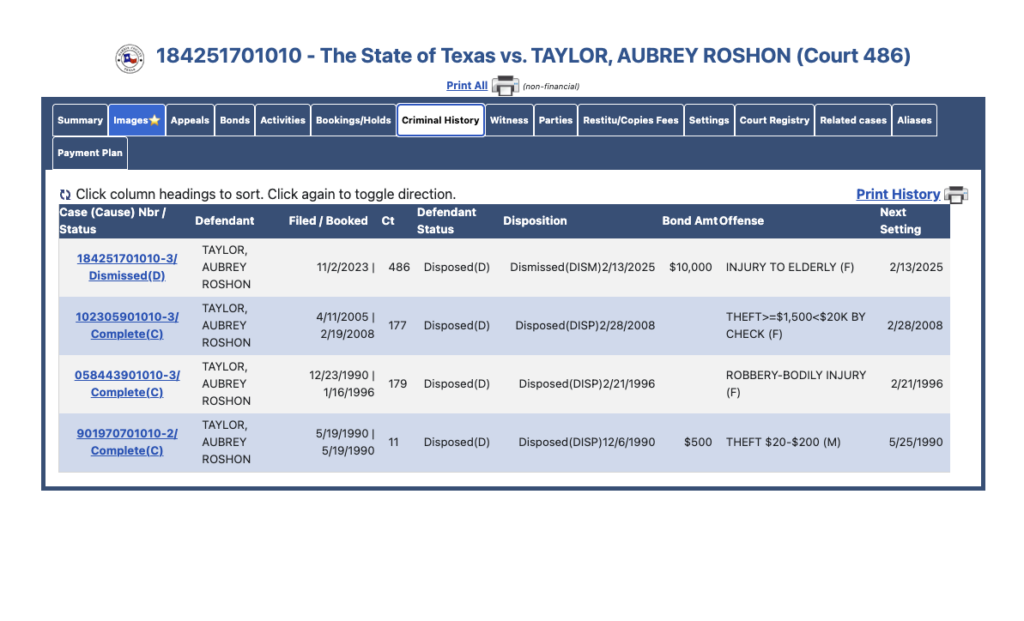 Screenshot of a Texas court case history table for The State of Texas v. Taylor, Aubrey Roshon, showing case numbers, defendants, dispositions, and next settings