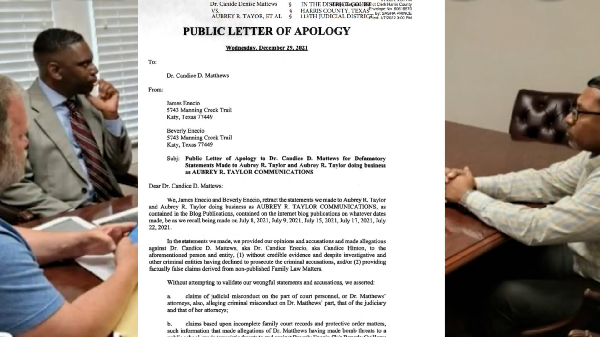 Document titled 'Public Letter of Apology' on a table, flanked by two men in a meeting room