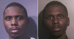 Two head-and-shoulders mugshots of a Black man shown side by side against neutral backgrounds (left lighter, right darker).