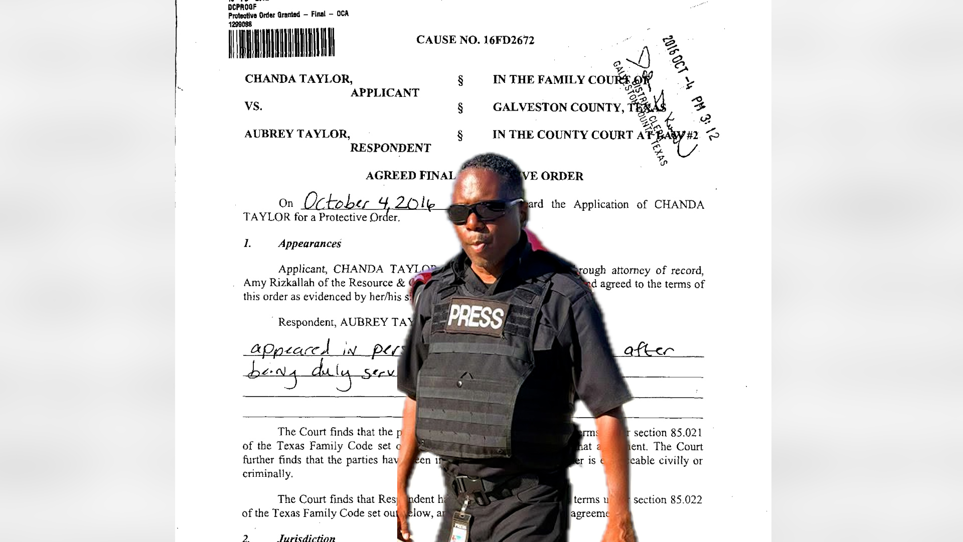 A person wearing a 'PRESS' vest stands in front of a legal document with courtroom stamps and handwritten dates in the background (notable names not identified).