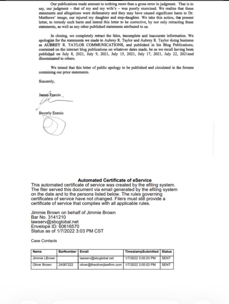A scanned page of a formal letter with signatures, followed by an 'Automated Certificate of eService' section and a contact table at the bottom.