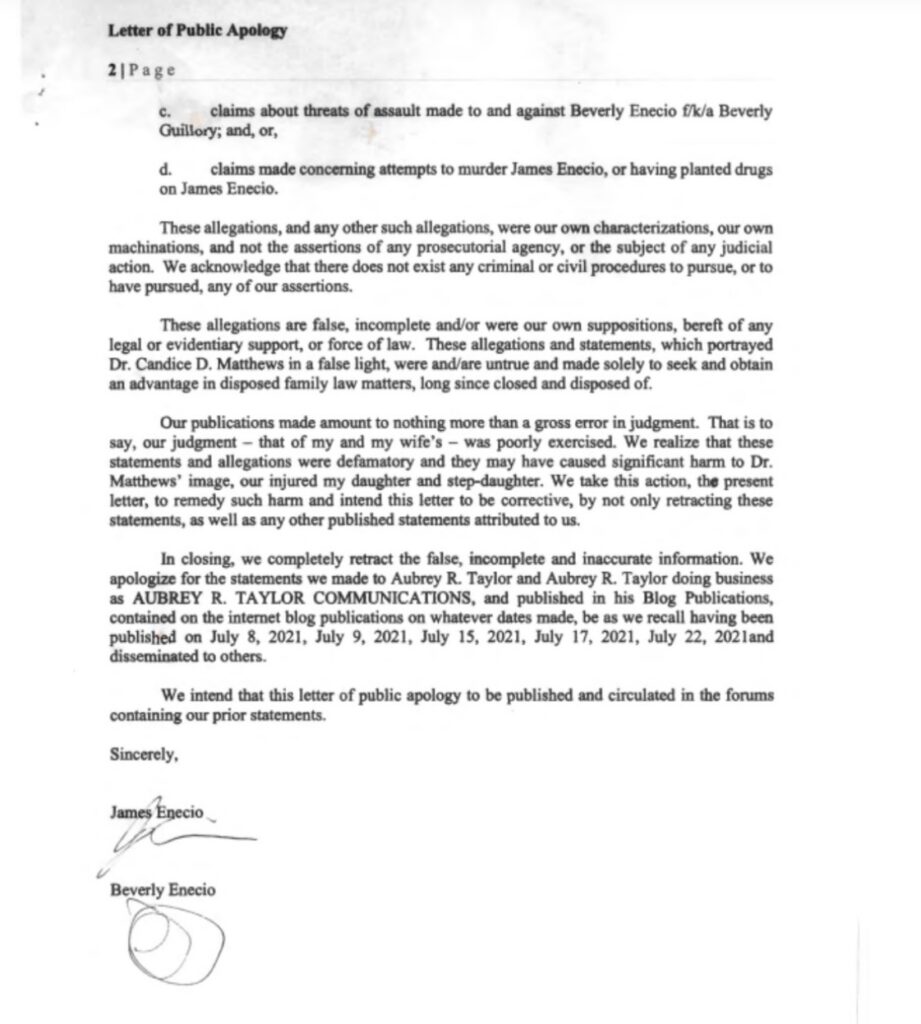 Page titled 'Letter of Public Apology' with dense paragraphs and signatures for James Enecio and Beverly Enecio at the bottom.
