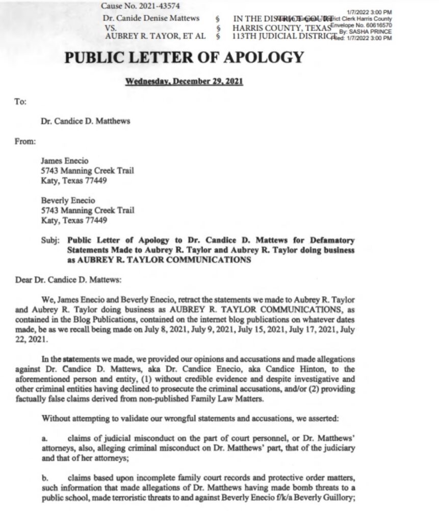 Formal letter on official-looking paper titled 'PUBLIC LETTER OF APOLOGY,' showing To and From sections. Recipient: Dr. Candice D. Matthews; Senders: James Enecio and Beverly Enecio, with Katy, Texas addresses. Contains a subject line about a defamatory apology and the body starts with Dear Dr. Matthews.