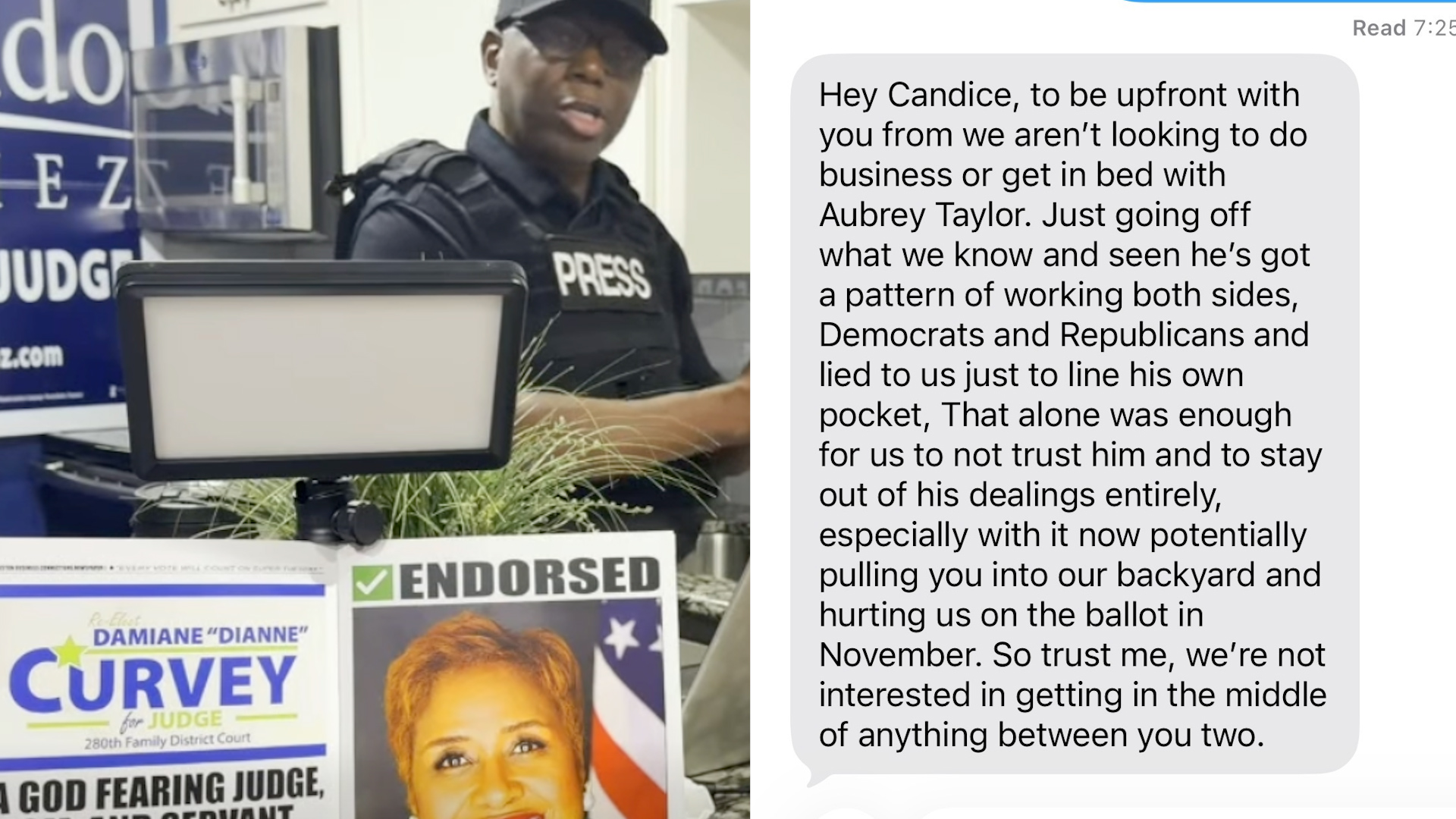 News reporter in a PRESS vest at a campaign display with judge posters and an endorsed sign visible; adjacent is a long text message in a chat bubble.