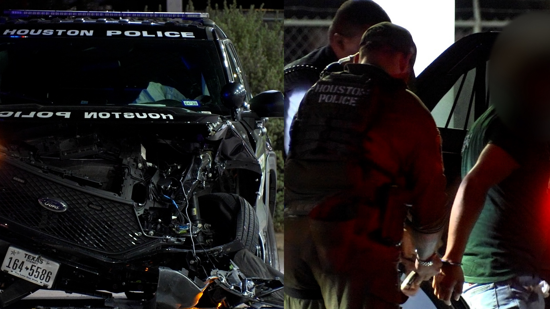 Houston Police SUV with heavy front-end damage at night, officers and bystanders nearby.