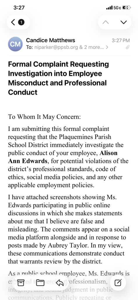 Screenshot of an email titled 'Formal Complaint Requesting Investigation into Employee Misconduct and Professional Conduct' with body starting 'To Whom It May Concern' and referencing Alison Ann Edwards.