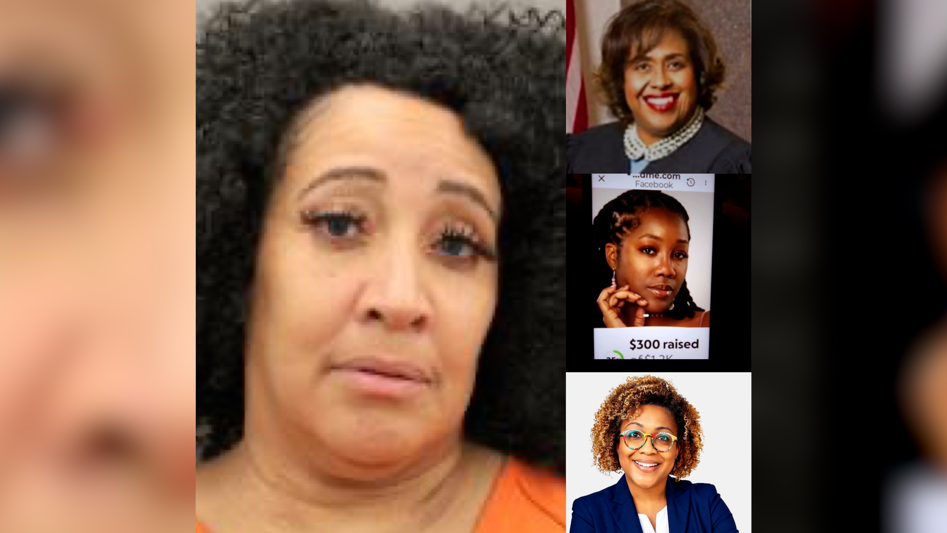 Close-up of a woman with curly black hair and orange top; on the right is a vertical column of small thumbnail portraits of diverse women.