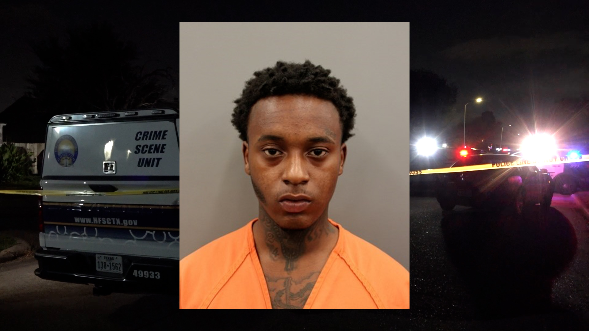 Mugshot of a young man in an orange prison jumpsuit, flanked by a crime-scene van on the left and flashing police lights with tape on the right at night.