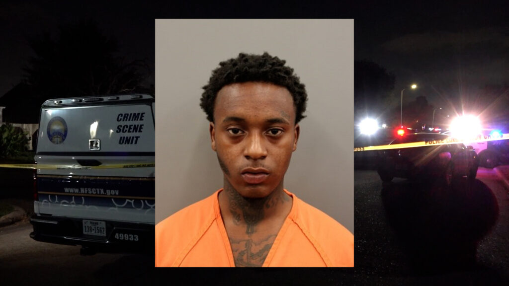 Mugshot of a young man in an orange prison jumpsuit, flanked by a crime-scene van on the left and flashing police lights with tape on the right at night.
