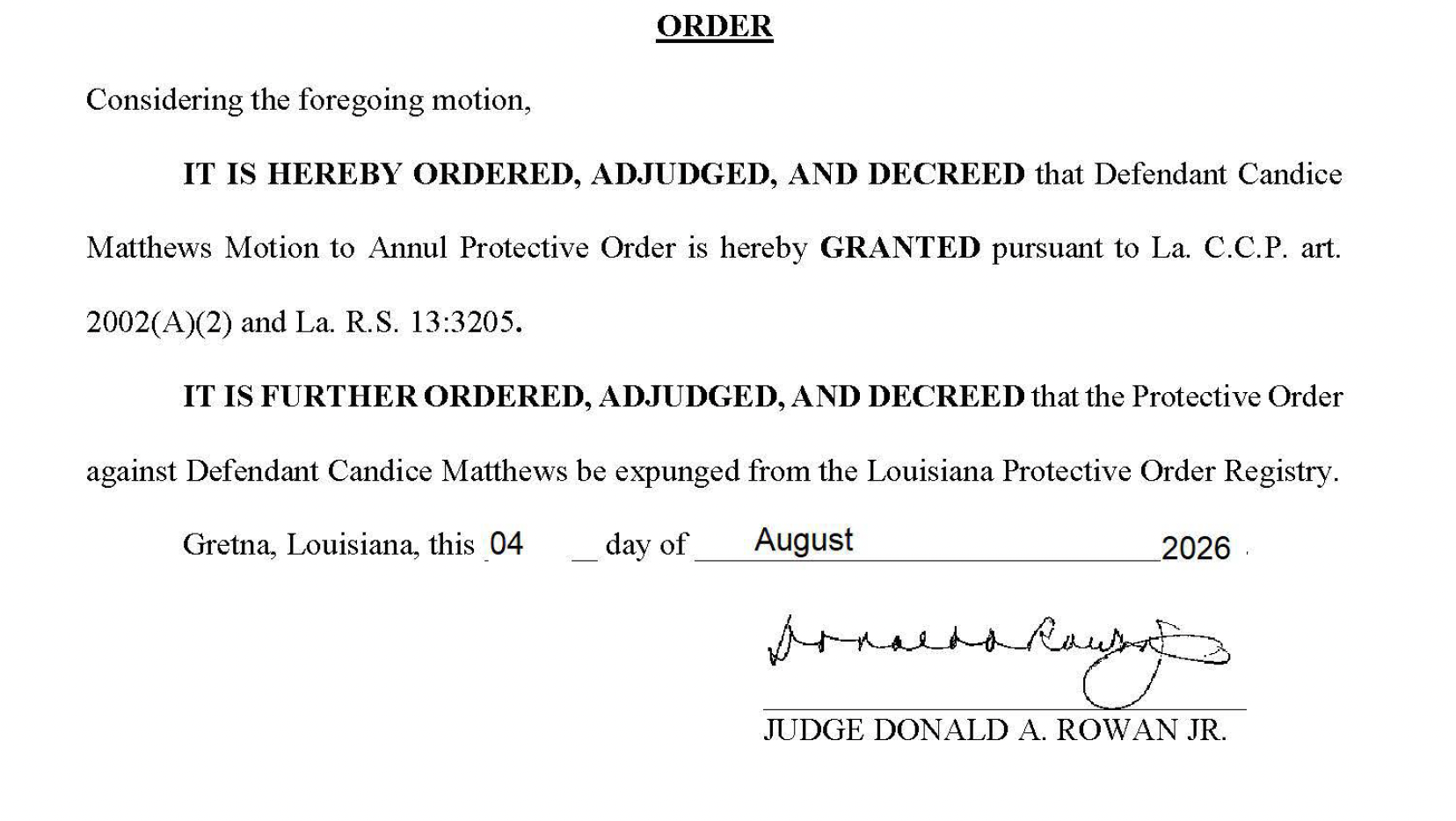 Court order document with bold rulings and judge's signature, dated August 2026.