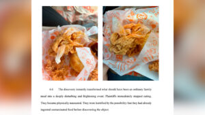 Two close-up photos of crispy fried chicken in orange-and-white fast-food wrappers, showing battered coating and white paper liners.