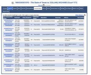 Screen showing a Texas court history table for The State of Texas v. COLLINS, RICHARD (Court 177): columns for Case/Status, Defendant, Filed, Disposition, Bond, Offense, Next Setting; multiple rows with statuses like Disposed or Dismissed and various offenses and dates.