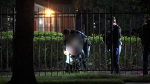 Nighttime scene behind a metal fence showing several people, some bending or crouching, with a blurred person in the foreground and a lit building in the background.